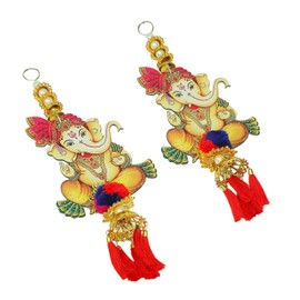 Set of 2 Ganesha Hanging Auspicious Wooden Bandanwar Door Wall Hangings for Indian Traditional Diwali decor decorations Handcrafted Valance Showpiece for Home Temple Decor(Size:-10"X4")(Multicolour)