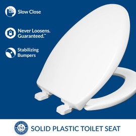 Mayfair Collins Slow Close Toilet Seat, Durable Plastic Seat with Extra Stability Bumpers and Secure Hinges, Made in USA, Elongated, White
