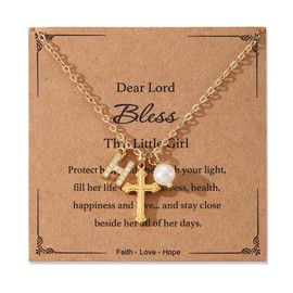 Initial Pearl Cross Necklace for Women Teen,First Communion Baptism Confirmation Birthday Easter Gifts for Her Goddaughter, Medium, Copper, No Gemstone