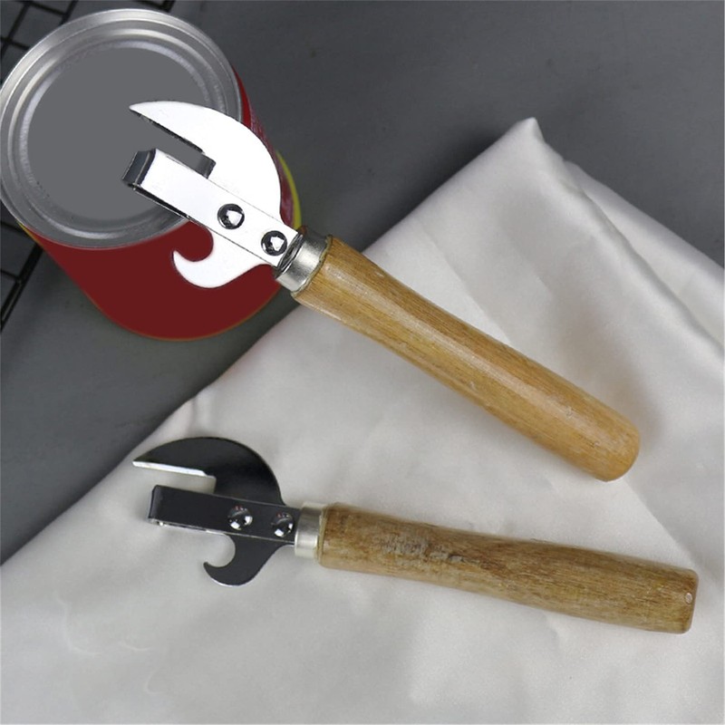 Manual Can Opener with Wooden Handle Stainless Steel Convenient and