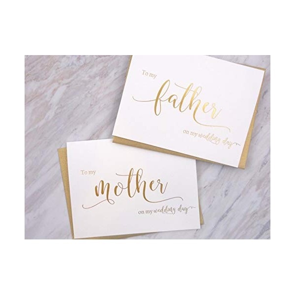 Set of 2 Gold Foil Wedding Day Cards with Gold Shimmer Envelopes, To My Mother on my Wedding Day Card, To My Father on my Wedding Day Card