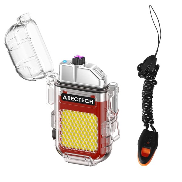 ARECTECH Rechargeable Lighter Electric Arc Dual Lighter 3 Modes of Flashlight Windproof Plasma Lighters Waterproof with Survival Emergency Whistle and Lanyard for Outdoor Candle Camping (Red)