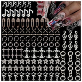 Gehaiwo 124PCS Sliver Nail Charms Nail Accessories for Acrylic Nails，Star，Planet，Cross，Pins，Notes，Handcuffs Alloy Y2K Nail Jewels Nail Art Rhinestone for Nail Art Supplies DIY Nail Craft