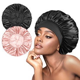 BONNET QUEEN Silk Bonnet for Sleeping Women Satin Bonnet Hair Wrap with Elastic Wide Band Sleep Cap for Curly Hair Anti Frizz Night Cap, Pastel Pink & Black