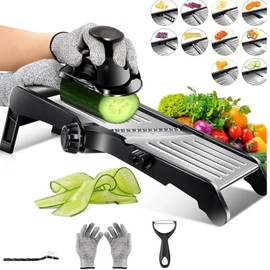 7-in-1 Mandolin Food Slicer, Stainless Steel, Adjustable Julienne Slicer for Kitchen, Easy Slicing Vegetables, Onions, Chees, French Fries, Cut-Resistant Gloves, Cleaning Brush and Peeler