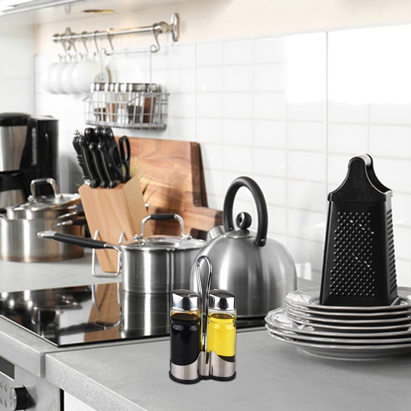 Oil and Vinegar Dispenser Set with Stainless Steel Holder,Clear Glass