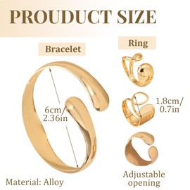 Cuff Bangle Bracelets for Women, Gold Bangles Chunky, Gold Open Adjustable Bracelet and Ring, Women's Cuff Jewellery Sets, Jewellery Christmas Graduation Gifts for Women, Teenagers, Girls