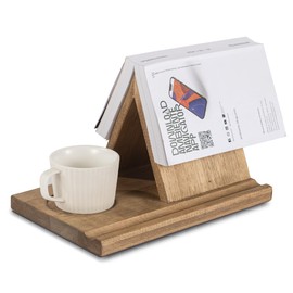 Besuerte Wooden Book Rest Stand, Triangle Book Holder with Coffee Cup Tray, Gifts for Book Lovers No Assembly Needed, Book Nook Reading Valet, Book Minder for Bedroom, Reading Nook, Walnut