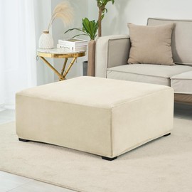 HFCNMY Ottoman Cover Square, Stretch Polyester blend Thick Ottoman Slipcover Square Washable Storage Ottoman Cover Foot Stool Cover with Elastic Bottom for Living Room Beige Medium
