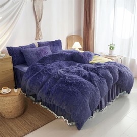 HAIHUA Navy Blue Fluffy Twin Comforter Cover Set，Faux Fur Girls Bedding 1 Pieces (1 Plush Duvet Cover) Fluffy Bed Sets (Navy Blue, Twin)