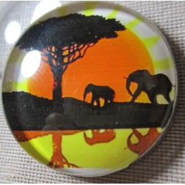 LG GLASS DOME PIC BUTTON MOTHER & BABY ELEPHANT SUN ON AFRICAN SAVANNA   30mm