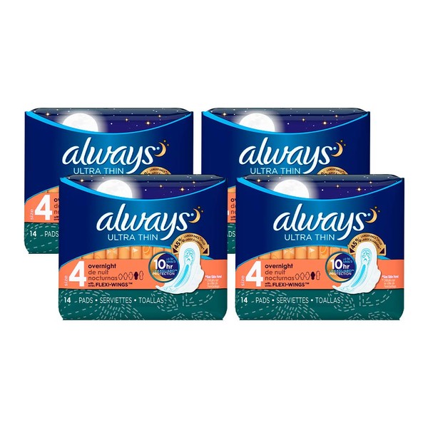 Always Ultra Thin, Size 4, Overnight Pads With Wings, Unscented, 14 Count, Pack of 4
