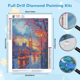 HEIBAGO 5D City Street Diamond Art Painting Kits for Audlts, Full Drill Bus Diamond Painting for Beginners Rhinestone Embroidery Diamond Dots Set Landscape Gem Art Crafts for Home Decor 30x40cm
