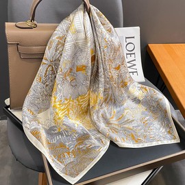 FEIBOON 100% Pure Mulberry Silk Scarfs 27"x27" Square Scarf Women Neckerchief Headscarf hair scarf bandana Gift Packed, Beige Yellow Gray, 21in