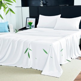 YIYEA Cooling Sheets, 100% Viscose Derived from Bamboo Sheets Full Size Set, Luxury 600TC Full Size Bed Sheets, 16" Deep Pocket, Breathable, Silky Soft, Perfect for Hot Sleepers (White)