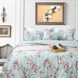 FADFAY Cotton Duvet Cover Set Full Size Blue Floral Bedding Set Super Soft Purple Hydrangea Flower Print Reverse to Striped Zipper Bed Cover French Countryside Girls Bedding 3 Pcs, Full