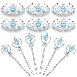 Chalyna 12 Pcs Princess Crowns Tiara and Wand for Little Girl Silver Heart Jewel Plastic Tiara Theme Winter Wand for Birthday (Blue, Heart Style)