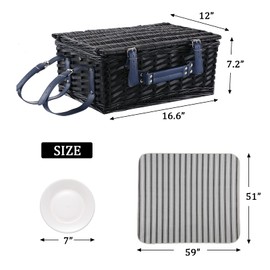 HYBDAMAI Wicker Picnic Basket for 4 with Waterproof Picnic Blanket and Insulated Cooler, Willow Hamper for Camping, Outdoors, Photoshoot, or a Birthday, Mother's Day, Wedding Gift, Black