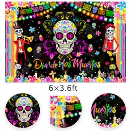 Day of The Death Backdrop Decoration,Dia De Los Muertos Party Supplies Mexican Sugar Skull Photography Background Banner for Mexican Fiesta Decoration-6X3.6ft