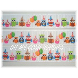 7/8 HAPPY BIRTHDAY HOOTIN TOOTIN PARTY OWL GROSGRAIN RIBBON 4 HAIRBOW BOW