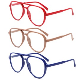 DXYXYO 3 Pack Oversized Retro Aviator Reading Glasses Men 3.5, Womens Classic Wide Lightweight Blue Light Blocking Computer Readers, Red Blue Khiki