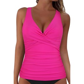 Hilor Women's Hot Pink Underwire Tankini Tops Only Criss Cross V Neck Swimsuits Top Ruched Tummy Control Swim Top 12