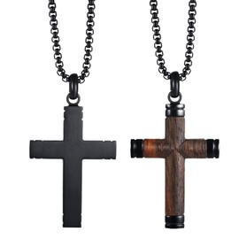 Flongo Men's Wooden Cross Necklace: Wooden Cross Pendant Necklace Black Stainless Steel with Wooden Cross Necklace Christian Gifts for Men Boys Children 22 Inches Adjustable, Stainless Steel Wood