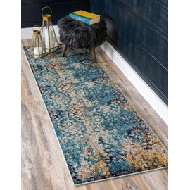 Unique Loom Vita Collection Traditional Over-Dyed Saturated Floral Medallions Area Rug, 2 ft 7 in x 10 ft, Turquoise/Ivory