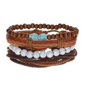 Stands Out, Supplying Outstanding Gifts Unisex Mens Womens Whirlybird Stacker Brown Turquoise Beaded Skull Leather Bracelet Wide Multi Row Layer Stack Wristband