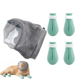 Ryetvok Adjustable Breathable Cat Muzzle& 4Pcs Anti Scratch Cat Paw Covers ShoesFor Biting Prevention and Nail Trimming, Transparent Head Cover, Grooming Bathing Vet Visit Use Medium Size