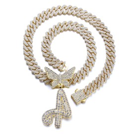 Halukakah 18K Real Gold/Platinum White Gold Plated Pendant Necklace for Men and Women - Over 1000 Diamonds - Cuban Link Chain - 3D Butterfly Letter Pendant - For Your Loved Ones, Brass, No Gemstone