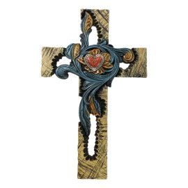Rustic Southwest Faux Wooden Turquoise Flowers And Red Heart Wall Cross Cutout