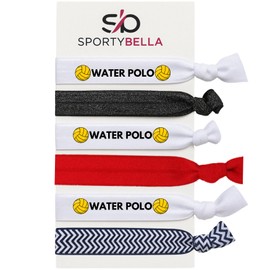 Water Polo Hair Ties Set – 5pc No-Crease Elastic Ponytail Holders with Water Polo Ball and Chevron Designs, Black Glitter Band, Accessories for Girls, Athletes, Teams, or Meet Day Gifts (red)