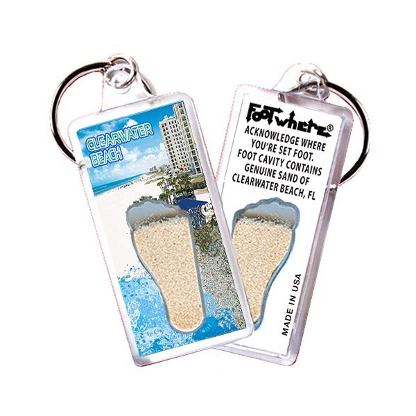 Clearwater FootWhere Keychain. Authentic destination souvenir acknowledging where you've set foot. Genuine sand of Clearwater inside foot cavity. Made in USA