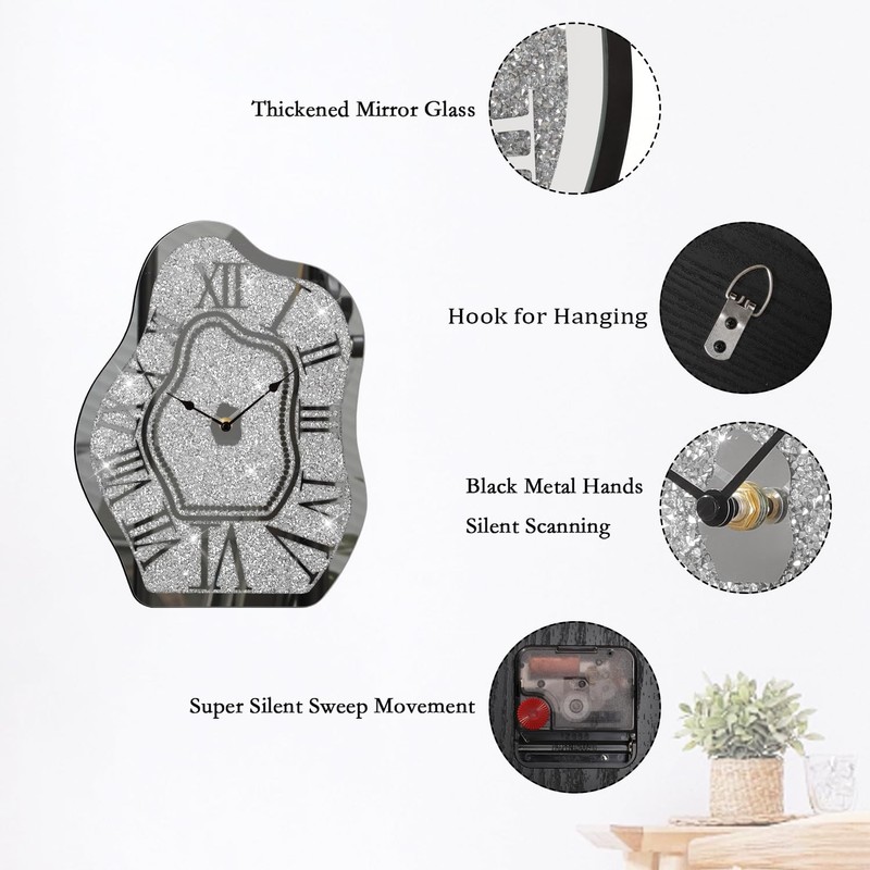 FEUFOAM Modern Wall Clock for Living Room Decor Silver Crystal