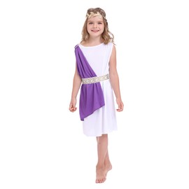 Funivals Toga Costume Girls with Leaf Headband Purple，Halloween Classic Roman Goddess Dress，Ancient Greek Outfit Kids (M)