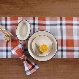 Solino Home Linen Fall Table Runner 48 inch - 100% Pure Linen Cinnamon Fall Buffalo Check Table Runner 14 x 48 Inch - Handcrafted and Machine Washable Fabric