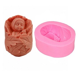 Sleeping Baby with Toy Bear Soap Mold - MoldFun Cute Baby Wrapped in Leaves Silicone Mould for Lotion Bar, Bath Bomb, for Baby Shower Party