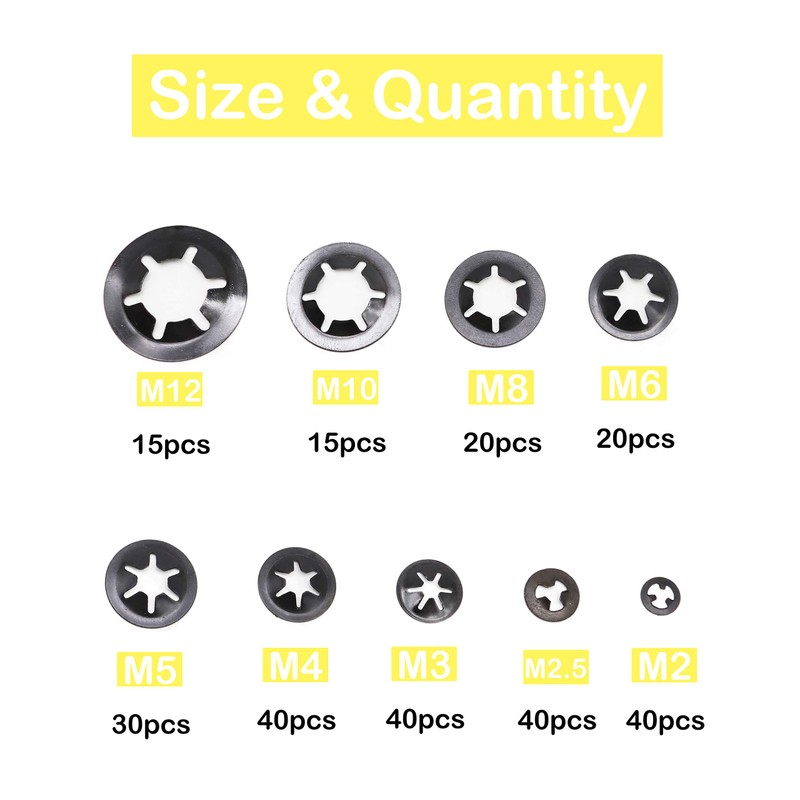 260pcs[9 Sizes] Black Starlock Internal Tooth Lock Washers Assortment Kit,