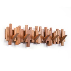 Acsigesn Wooden Coat Rack Wall Mounted Sticks Multi Rack Solid Handmade Natural Cherry Wood Artwork with 6 Flip-Down Unique Modern Hooks for Coats Bag Hat Umbrella