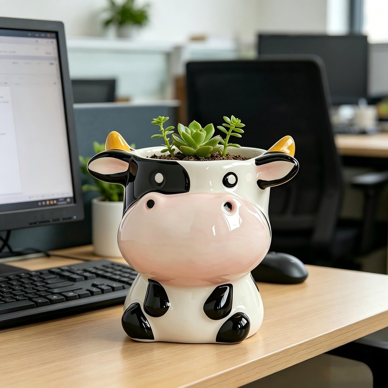 Cute Animal Ceramic Planter Pot, Small Glossy Cartoon Cow Shaped