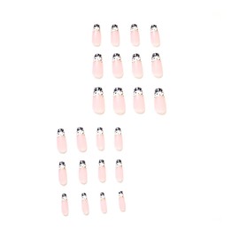 Press on Medium Square Nails French Glossy Full Cover Acrylic Square Shaped False Nails with Spot Designs Artificial Square Fake Nails with Charms Glue ons Nails Stick on Fingernails for Women Girls