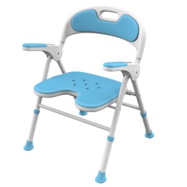 Kangjinchen Folding Shower Chair with Armrests and Backrest, 6-Step Height Adjustment, Non-Slip Foot Pads, Durable Design for Seniors, Handicapped, Pregnant, Supports Up to 400 lbs, Blue