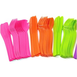 Disposable Plastic Cutlery Set, 24 Guest Pack, Assorted Colors - Hot Pink, Orange, Lime Green, Purple
