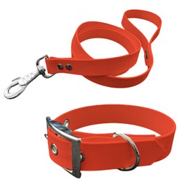 L'Atelier du Fourmilier Dog Collar and Leash in BioThane material, Medium Width (35-40 cm, Fluorescent Orange)