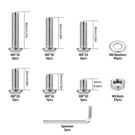 120 Piece M8 Screw Set, Allen Screws Nuts Set, Silver Threaded Screws with Nuts with Washers Set, Pan Head Screws and Nuts, Bicycle Screws Set, with Key