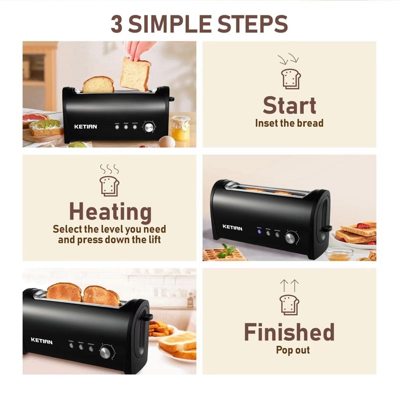 Long Slot Toaster 2 Slice,Cancel Reheat Defrost Functions,Removable Crumb Tray,6