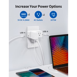 ELEGRP USB Wall Outlet Extender, Multi Plug Outlet Splitter with Two USB A Ports 21W, Electrical Outlet Extender Wall Tap for Travel, Home and Office, 125V, ETL Listed, White, 1 Pack