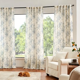 jinchan Linen Floral Curtains for Living Room 96 Inch Length Blue Farmhouse Curtains Rod Pocket Back Tab Pattern French Country Vintage Curtain, 2 Panels Flower Printed Curtain