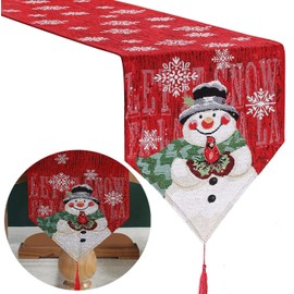Christmas Table Runner, 33 cm x 183 cm, Snowman, Snowflakes, Rectangle Tablecloth, Placemat, Non-Slip Christmas Table Runner for Party, Dinner, Dining Room, Christmas Decorations